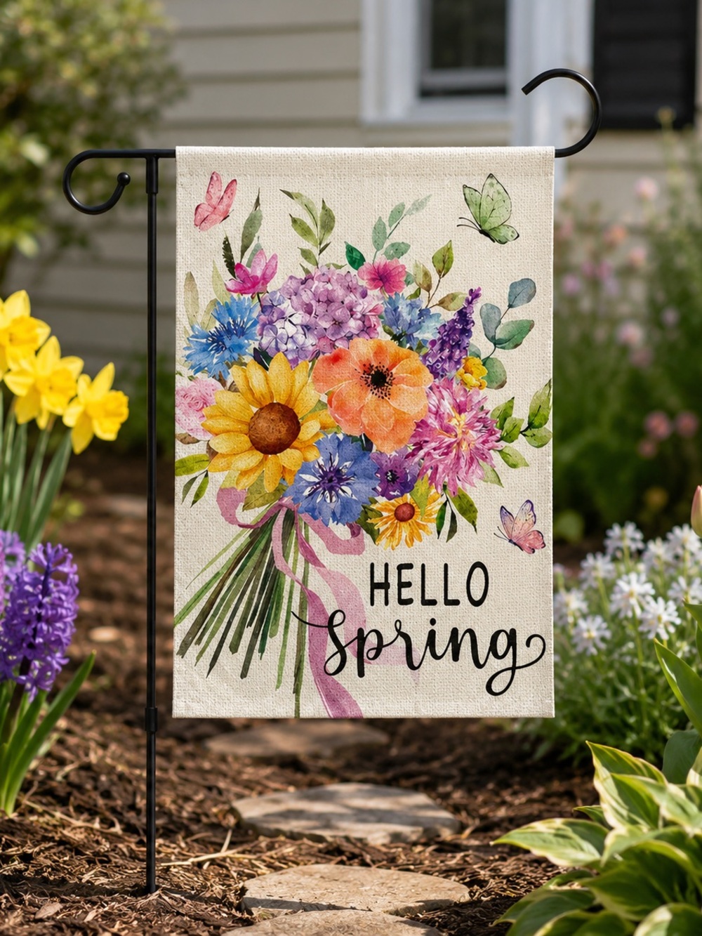 ✴️New✴️Hello Spring Floral Garden Flag - Multicolor Bouquet
